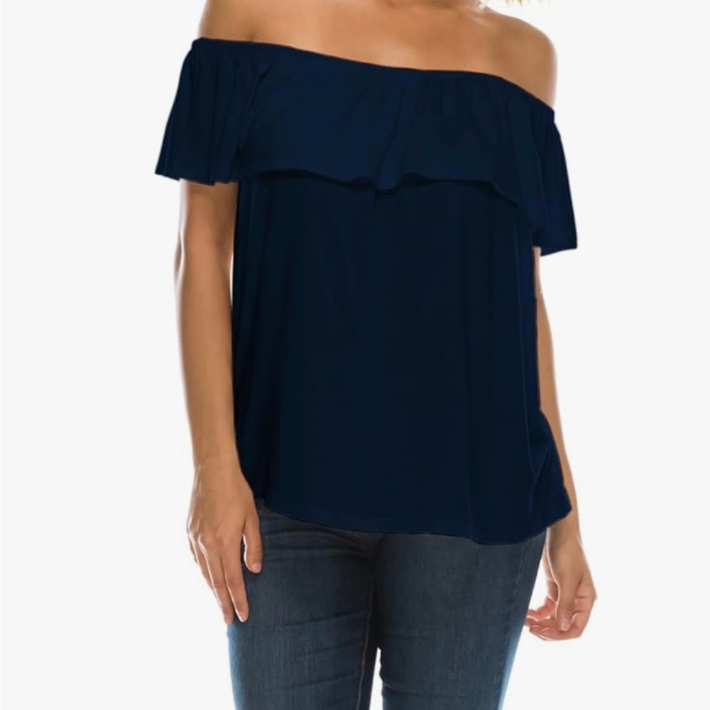 Jubilee Couture On or Off Shoulder Ruffle Flowy Blouse, Navy, Large